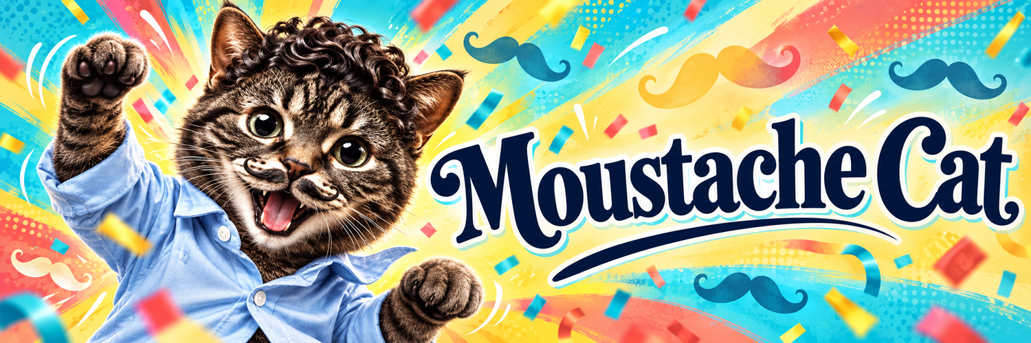 Moustache Cat cheering in a sky-blue shirt, paws up, with confetti and the name in navy script